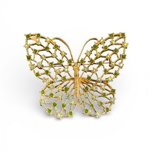 Vintage Gold and Green Rhinestone Butterfly Brooch